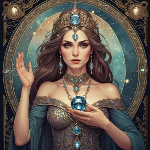 Prompt: Magical female depicted in the style of a tarot card, jeweled tones throughout, realistic figure 