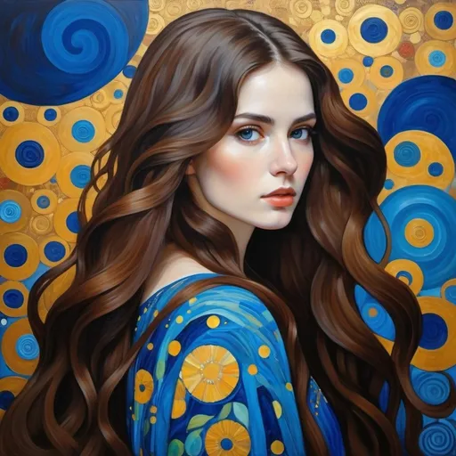 Prompt: woman with long brown hair portrayed in the style of gustav klimt, bold colors, mostly blues, very realistic, oil painting  