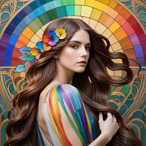 Prompt: woman with long brown hair portrayed in the style of art nouveau, rainbow color palette in various values of light and dark, jewel toned rainbow colors, pastel rainbow colors very realistic 