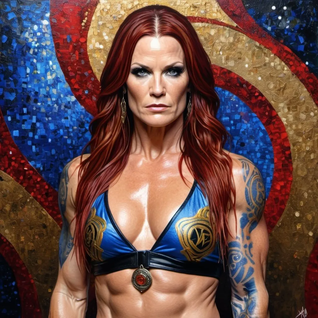 Prompt: wwe hall of famer lita in the style of a gustav klimt oil painting, very realistic, super detailed, pops of red and blue in the background and on the figure 