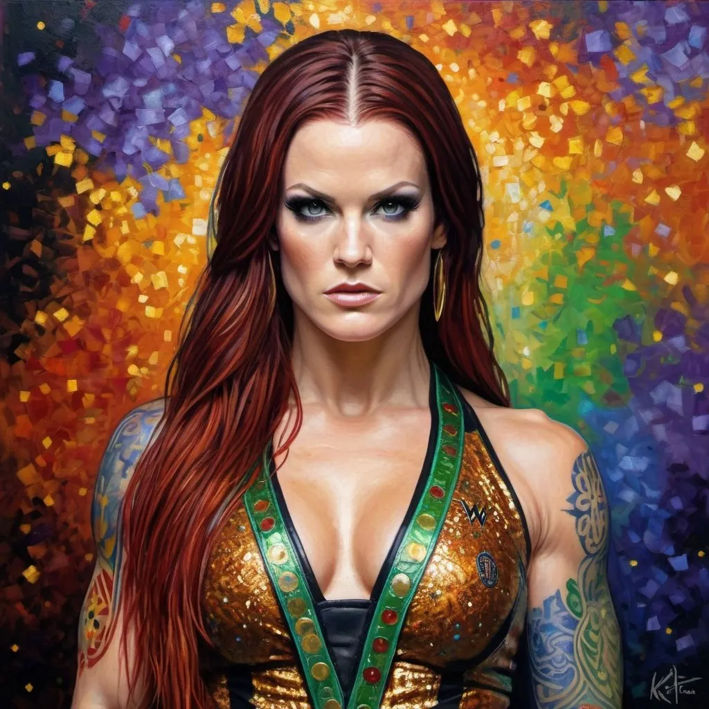 Prompt: wwe hall of famer lita in her twenties in the style of a gustav klimt oil painting, very realistic, super detailed, pops of red, green, purple, orange and blue in the background and on the figure 