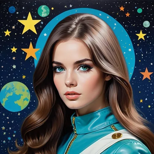 Prompt: woman with long brown hair and blue green eyes portrayed in the style of 1960's pop art, stars and space elements in the background, very realistic figure, pops of blue