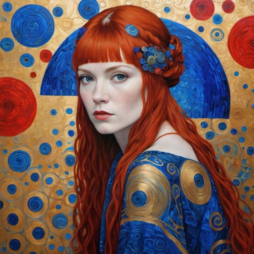 Prompt: lita in the style of a gustav klimt oil painting, very realistic, super detailed, pops of red and blue in the background and on the figure 