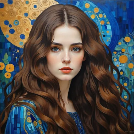 Prompt: woman with long brown hair portrayed in the style of gustav klimt, bold colors, mostly blues, very realistic, oil painting  