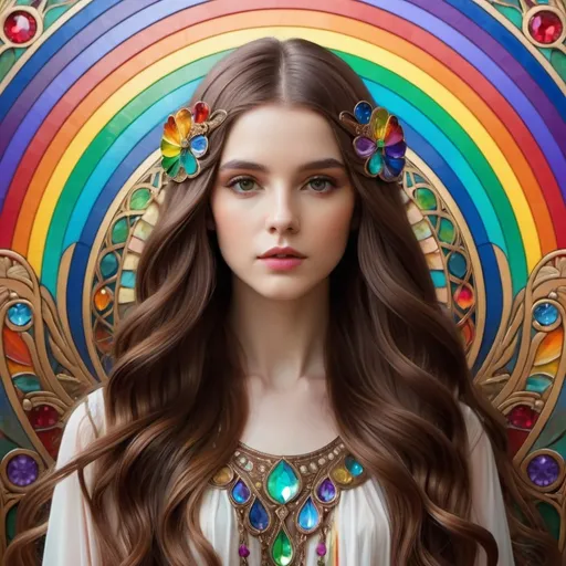 Prompt: woman with long brown hair portrayed in the style of art nouveau, rainbow color palette in various values of light and dark, jewel toned rainbow colors, pastel rainbow colors very realistic 