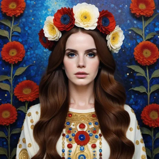 Prompt: lana del rey wearing a flower crown portrayed in the style of a gustav klimt oil painting, very realistic, pops of red and blue in the background and on the figure 