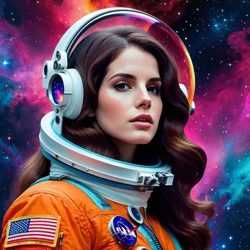 Prompt: Lana Del Rey as a cosmonaut, outfit if vibrant and saturated in color, realistic galaxy in the background, hair flowing over her suit, very realistic and bold colors