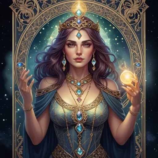 Prompt: Realistic tarot card illustration of a magical female, jeweled tones, detailed features, high quality, realistic, tarot card style, magical aura, ornate details, mystical atmosphere, enchanting color palette, professional lighting