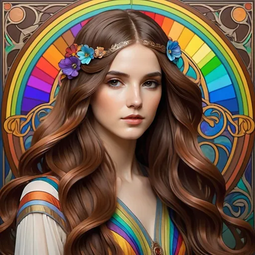 Prompt: woman with long brown hair portrayed in the style of art nouveau, rainbow color palette, very realistic 
