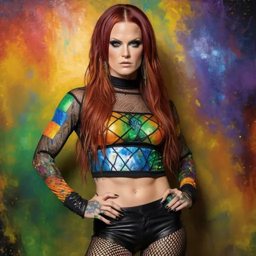 Prompt: wwe hall of famer lita in her twenties in the style of a gustav klimt oil painting, wearing early 2000's raver clothes, long sleeved fishnet shirt, very realistic, super detailed, pops of red, green, purple, orange and blue in the background and on the figure 