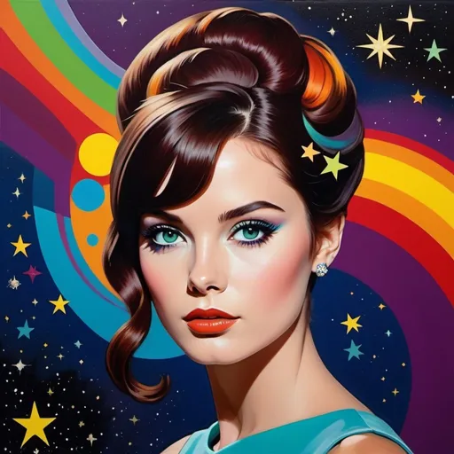 Prompt: woman with long dark reddish brown hair and blue green eyes portrayed in the style of 1960's pop art, hair is styled in an updo with loose strands of hair framing the face, hyper realistic stars and space elements in the background, very realistic figure, pops of red, yellow, orange and purple throughout 