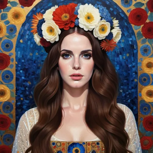 Prompt: lana del rey wearing a flower crown portrayed in the style of a gustav klimt oil painting, very realistic, pops of red and blue in the background and on the figure 