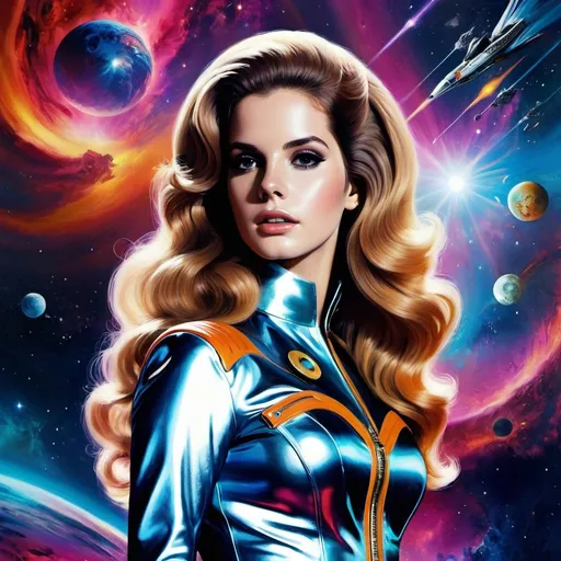 Prompt: lana del rey as barbarella queen of the galaxy, very realistic and highly detailed, vibrant colors in background
