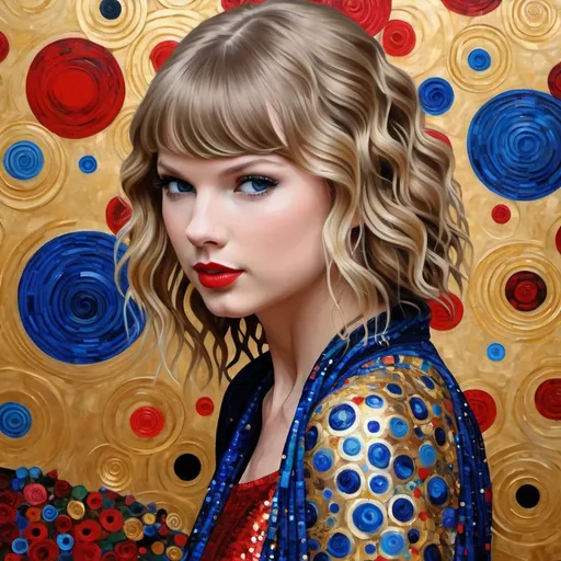 Prompt: taylor swift in the style of a gustav klimt oil painting, very realistic, super detailed, pops of red and blue in the background and on the figure 