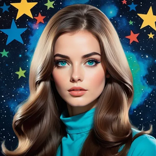 Prompt: woman with long brown hair and blue green eyes portrayed in the style of 1960's pop art, stars and space elements in the background, very realistic figure, pops of blue