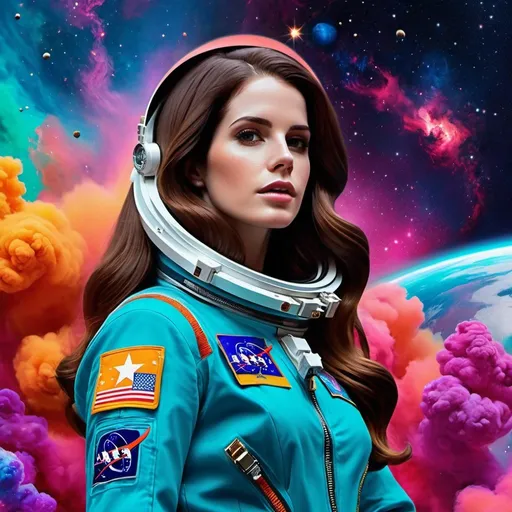 Prompt: Lana Del Rey as a cosmonaut, outfit if vibrant and saturated in color, realistic galaxy in the background, hair flowing over her suit, very realistic and bold colors