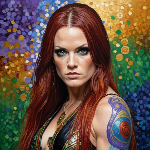 Prompt: wwe hall of famer lita in her twenties in the style of a gustav klimt oil painting, very realistic, super detailed, pops of red, green, purple, orange and blue in the background and on the figure 