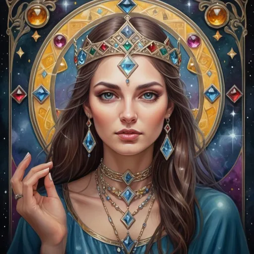 Prompt: Realistic tarot card painting of a magical female, jeweled tones, detailed features, high quality, realistic, tarot card style, mystical atmosphere, enchanting color palette, professional lighting