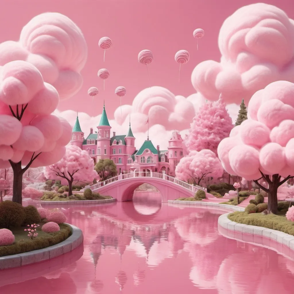 Prompt: pink fluffy city. pink clouds. pink cats. pink lake. pink garden with pink candies instead of trees.