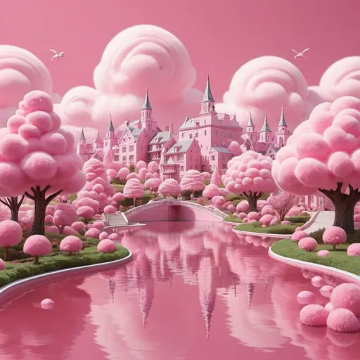 Prompt: pink fluffy city. pink clouds. pink cats. pink lake. pink garden with pink candies instead of trees.
