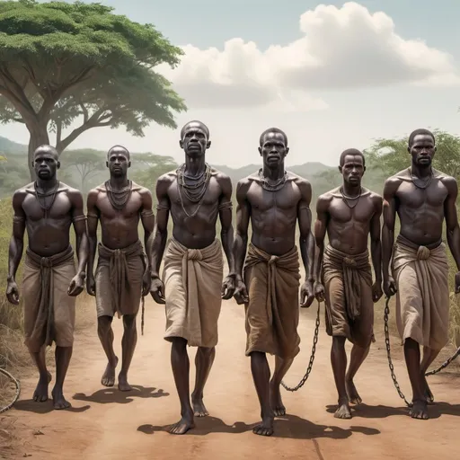 Prompt: There is a row of enslaved African men with black skin, chained to each other by hands and necks. They are led by a man of the same race. The background is an African landscape with jungle and savannah. 8k resolution concept art, hyperrealism, photoillustration, 1900s photograph, HDR, filmic, dynamic lighting