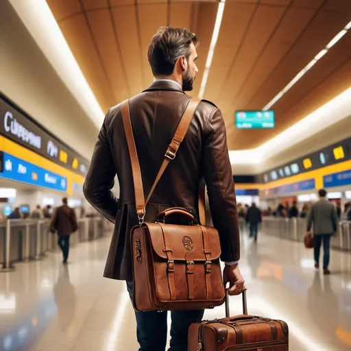 Prompt: A man traveling in Madrid airport with his leather bag, rich chocolate and light brown combination with Cuero Santo logo, vibrant colors, warm lighting, bustling atmosphere, detailed airport background with signs and travelers, (HD) (4K) (ultra-detailed), (cinematic depth) (high realism), stress on the Cuero Santo logo, stylish modern travel attire, natural expressions, photorealistic