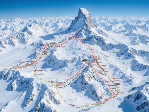Prompt: A sprawling, vividly detailed ski resort map showcases the majestic peaks of a mountainous region under a bright blue sky, with prominent glaciers and snow-clad slopes depicted in soft, white tones. Color-coded trails wind through the terrain, indicating various difficulty levels for skiing, with striking red, black, and yellow lines guiding adventurers through the area. The map is dotted with names and elevations of notable peaks, such as Matterhorn (4478 m) and Reinforced Gletscher (3883 m), alongside various cable car routes connecting different skiing zones. Icons for amenities and points of interest enhance the user-friendly design, inviting ski enthusiasts to navigate the extensive network of slopes and lifts that form this winter wonderland. The overall composition conveys an exhilarating sense of adventure and exploration in a stunning alpine setting.

10 SCHWARZE PISten, Rodelbahn, lawinengefahr
