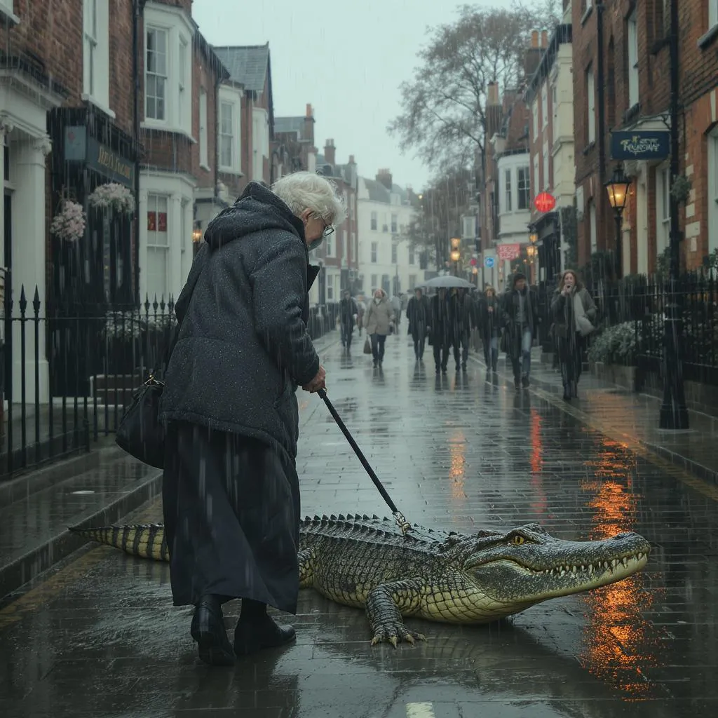 An Old British Grandmother Walking A Crocodile On A an-old-british-grandmother-walking-a-crocodile-on-a