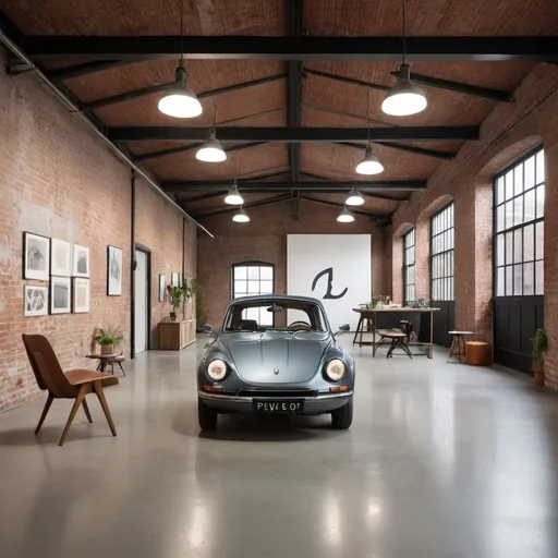 Prompt: An EV4 electric vehicle positioned in a spacious studio located in a renovated old fabric factory. The interior design blends mid-century modern style with contemporary touches. The room features exposed brick walls, industrial beams, and glass block windows, providing natural light. The space is designed as an art studio and exhibition area, with minimalist furniture, artistic installations, and a combination of vintage and modern decor elements.