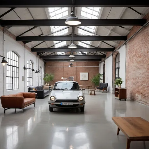 Prompt: An EV4 electric vehicle positioned in a spacious studio located in a renovated old fabric factory. The interior design blends mid-century modern style with contemporary touches. The room features exposed brick walls, industrial beams, and glass block windows, providing natural light. The space is designed as an art studio and exhibition area, with minimalist furniture, artistic installations, and a combination of vintage and modern decor elements.