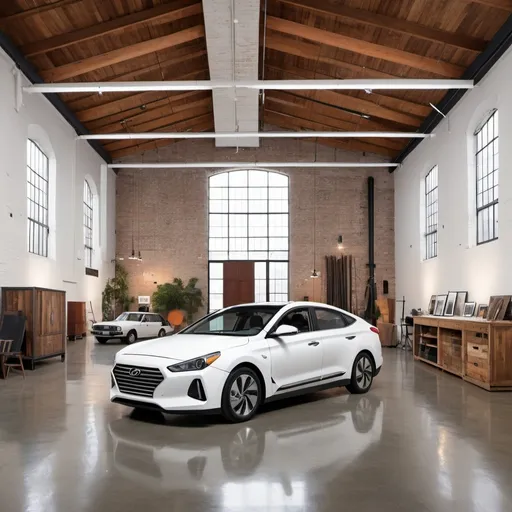 Prompt: An Hyundai EV3 electric vehicle displayed prominently in a modern studio set within a historical textile factory. The room, designed with mid-century and modern influences, features sleek furniture, clean lines, and open spaces. The setting includes elements like reclaimed wood, industrial accents, and contemporary artwork. This multifunctional space serves as both an art studio and an exhibition hall, designed to showcase creativity and innovation.