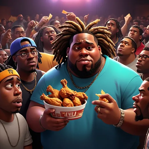 Prompt: Pixar-style animation of a crowd of black battle rap music fans, sports gambling theme in the background, obese evil main character with dreads holding a fried chicken wing, vibrant colors, detailed crowd, Pixar animation, sports gambling, animated evil character, obese character, battle rap fans, animated, detailed scene, professional quality, vibrant colors, atmospheric lighting