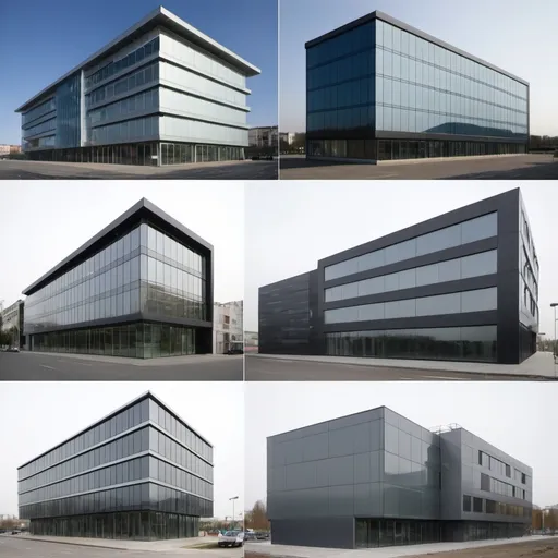 Prompt: 4 different building facades:  Curtain Wall Fa�ades, heavyweight facades, prefabricated facades, rainscreen cladding system