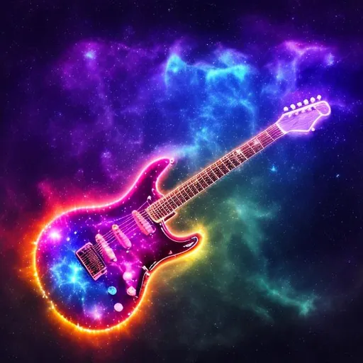 Prompt: Stars constellation in the shape of an electric guitar. Contrast background of deep-space nebulae, dominant colors of violet, blue, and orange. gentle flames around.