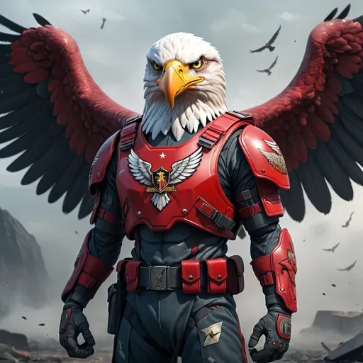 Prompt: (Humanoid Eagle in military gear), stylish red baseball cap, poised stance, vibrant colors, (dynamic atmosphere), detailed body armor, wings partially spread, strong, fierce expression, military insignia visible, intriguing background with a foggy battlefield, high-definition, cinematic quality, ultra-detailed features, emphasizes strength and discipline.