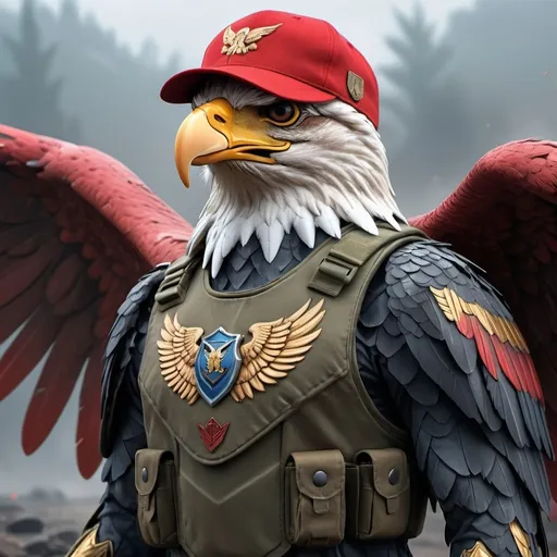 Prompt: (Humanoid Eagle in military gear), stylish red baseball cap, poised stance, vibrant colors, (dynamic atmosphere), detailed body armor, wings partially spread, strong, fierce expression, military insignia visible, intriguing background with a foggy battlefield, high-definition, cinematic quality, ultra-detailed features, emphasizes strength and discipline.