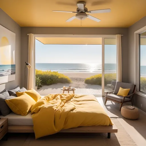 Prompt: A floor bed with comfy gray mattress, yellow comforters and pillows. The bed is in the middle of a cozy bedroom with warm lighting. There's floor to ceiling glass overlooking a beach. Morning sun lights the room. Serene paintings hung on the wall. There's a tray of coffee and croissant on the small table. 