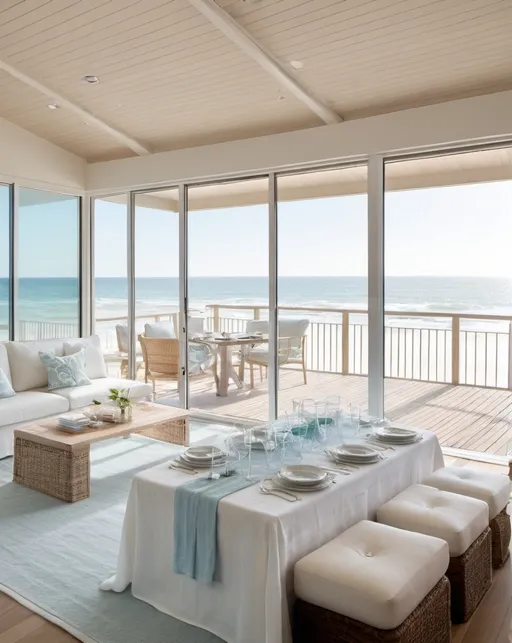 Prompt: Interior of a beach house with glass walls and light colored linens