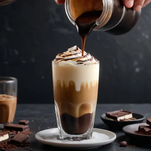 Prompt: Close-up video loop of pouring espresso into a tall glass with layers of ice, condensed milk, and chocolate