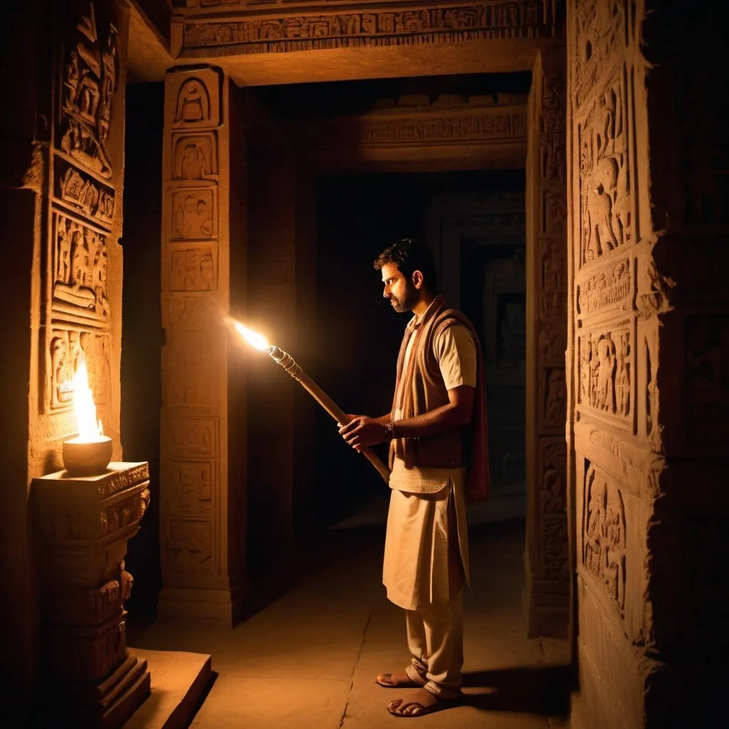 Prompt: Inside the ancient temple's interior, illuminated by Rahul's flashlight, intricate carvings on the walls depict mythical creatures and ancient symbols. Rahul, holding a torch, cautiously examines a hidden chamber within the temple where a mysterious artifact or clue to the village's past is discovered.