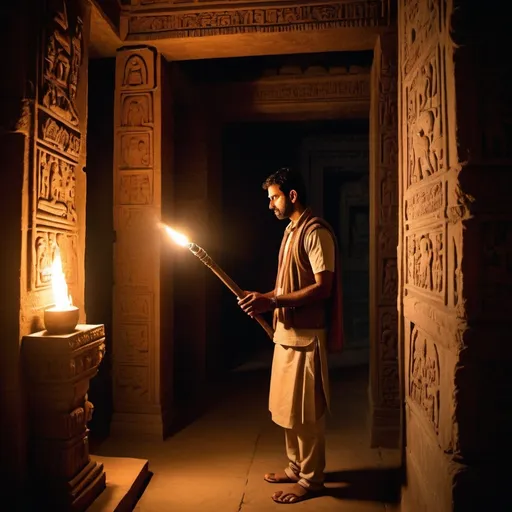 Prompt: Inside the ancient temple's interior, illuminated by Rahul's flashlight, intricate carvings on the walls depict mythical creatures and ancient symbols. Rahul, holding a torch, cautiously examines a hidden chamber within the temple where a mysterious artifact or clue to the village's past is discovered.