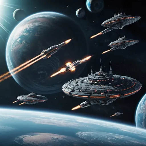 Prompt: A fleet of space ships defending a planet 