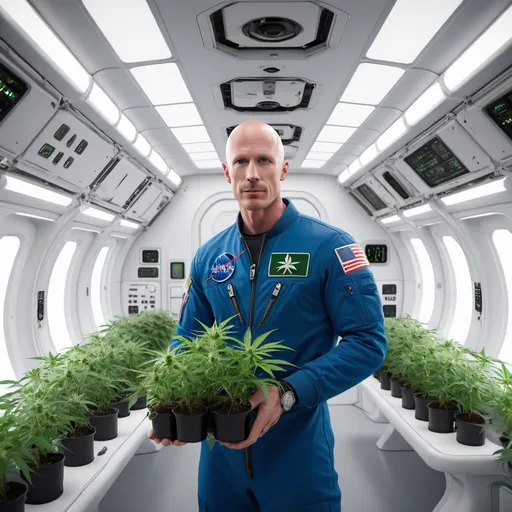 Prompt: Johnny Sins cultivating cannabis in space station, futuristic aeroponic system, ISS setting, high-tech equipment, astronaut uniform, cannabis plants in zero gravity, detailed facial features, professional 3D rendering, sci-fi, high quality, futuristic, zero gravity, aeroponic system, ISS setting, detailed astronaut uniform, high-tech equipment, cannabis cultivation, futuristic space station, professional, atmospheric lighting