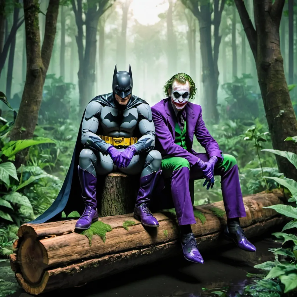 Prompt: Batman and the Joker sitting on a log in the middle of a lush forest