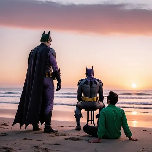 Prompt: The Joker and Batman watching the sunset on a beach while a Mexican man walks away