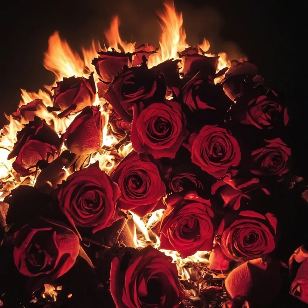 Prompt: A pile of dead roses burning at night