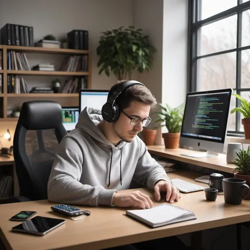 Prompt: Create an image of a programmer working at their desk. The setting should be a modern, well-lit home office. The programmer is seated at a desk with a dual-monitor setup, displaying lines of code and a software development environment. They are focused, wearing casual attire—perhaps a hoodie and jeans—with headphones on. The desk is organized but shows signs of use, with a coffee mug, a notebook, and some tech gadgets (like a smartphone and external hard drive) scattered around. In the background, there’s a bookshelf with programming books, some potted plants, and a large window letting in natural light. The overall mood should be productive and tech-savvy.