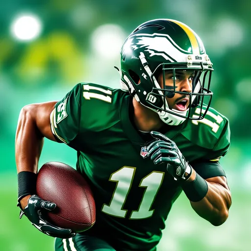 Prompt: Create me a picture for a youtube channel that will be called "Dito and the Jets" have the picture colors include green, white, black, and gold. I would like for it to include a football and a football helmet .