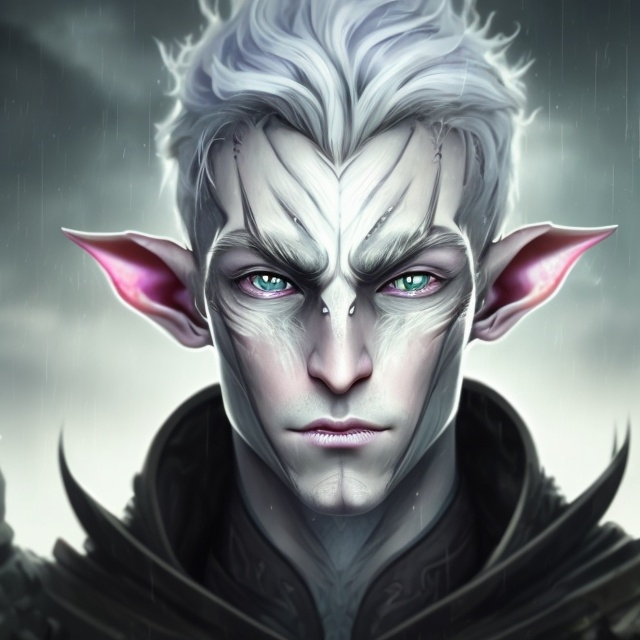 Prompt: Fantasy portrait of a ash-grey skinned elf, masculine, androgynous, sorecerer, artificer, cracked face, black facial scars, asymmetrical features, pale blue eyes, sharp features, sad expression, soft smile, glowing white curly hair, rainy castle background, ultra detailed