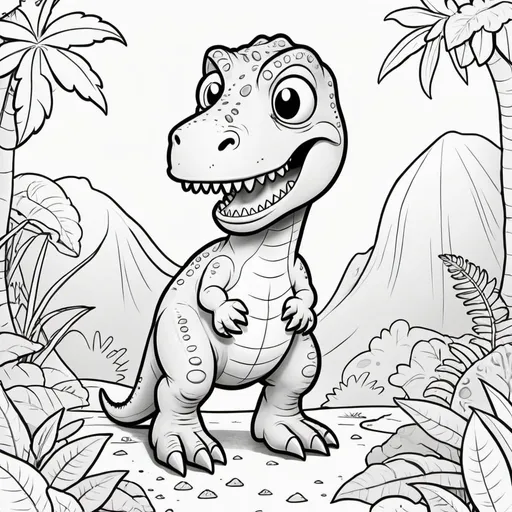 Prompt: Children's coloring book style illustration of a Cartoon T-rex, black and white, cute and whimsical, simple textures, friendly expression, dinosaur, prehistoric, black and white, children's style, cute, detailed scales, whimsical, friendly, coloring book, cartoon, 